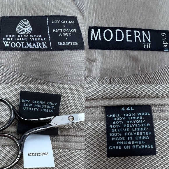 APT 9 Modern Fit Mens Wool Two Button Suit Jacket Sport Coat Size 44L Beige - Picture 9 of 14